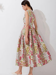 Boho Floral Jacquard Sleeveless Maxi Dress