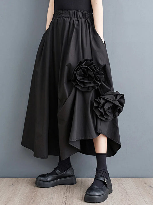 Black Vintage High Waist Midi Skirt