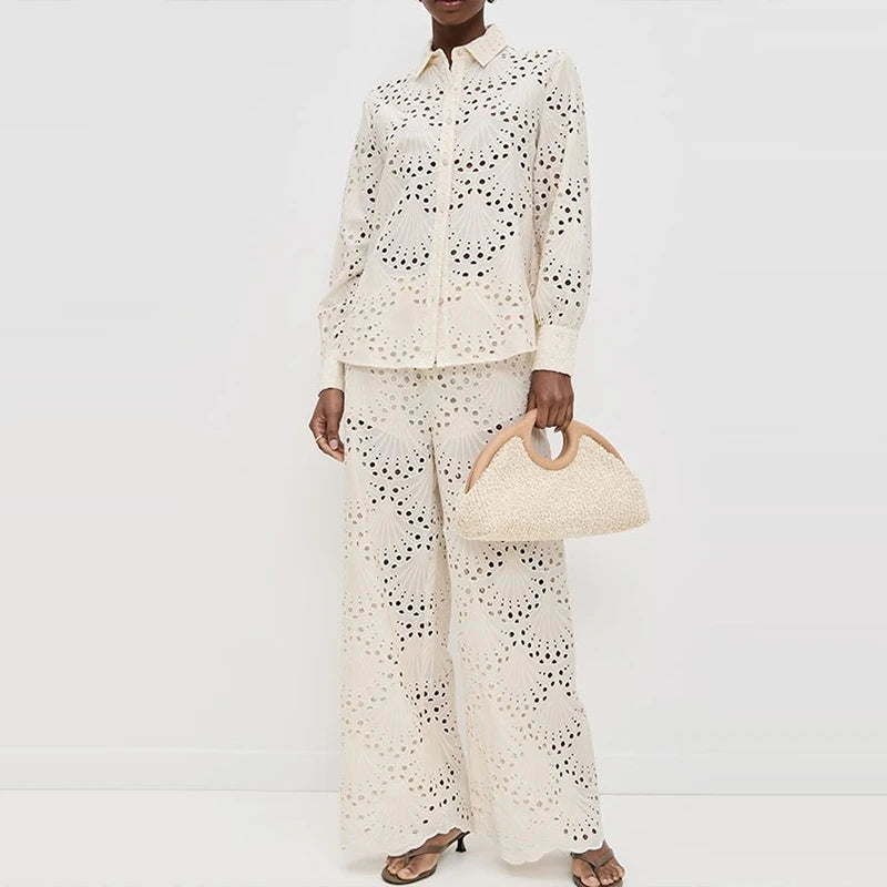 Hollow Lapel Shirt Pants Set