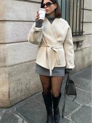 Collarless Woolen Belt Jacket