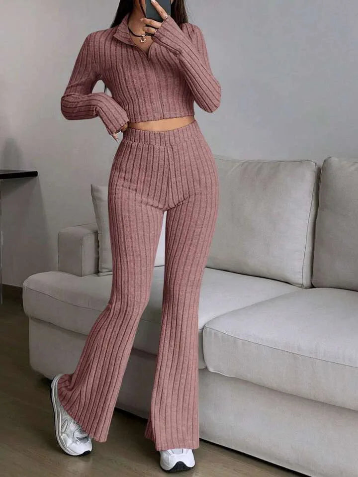 Zip Rib Knit Top and Pants Set