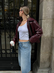 Solid Lapel Leather Short Coat