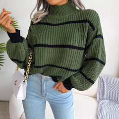 High Collar Striped Knit Sweater