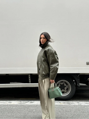 Army Green Leather Pleated Jacket