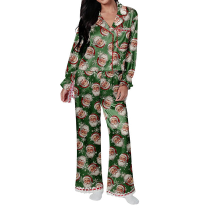 Santa Claus & Bow Print Satin Pajama Set