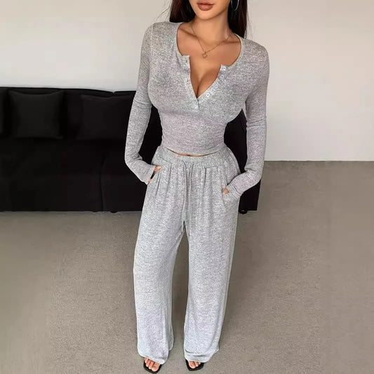 V Neck Top Wide Leg Pants Set