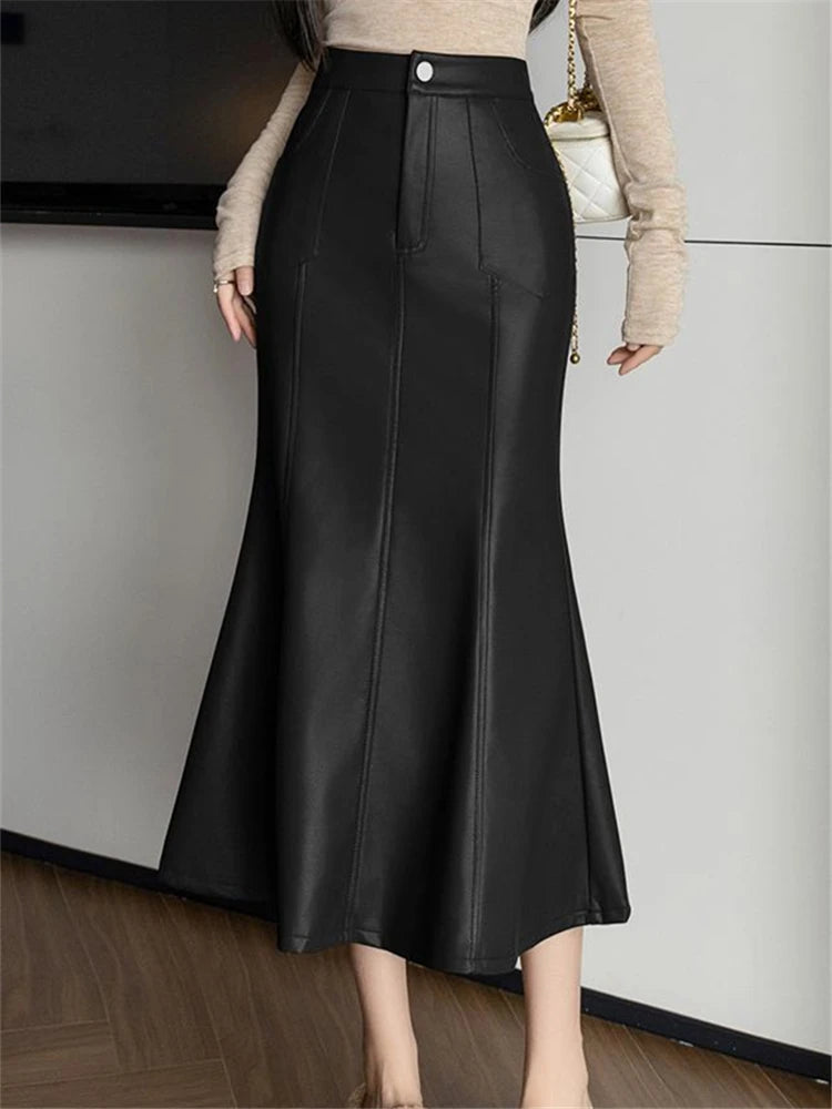 Vintage High Waist PU Leather Fishtail Skirt