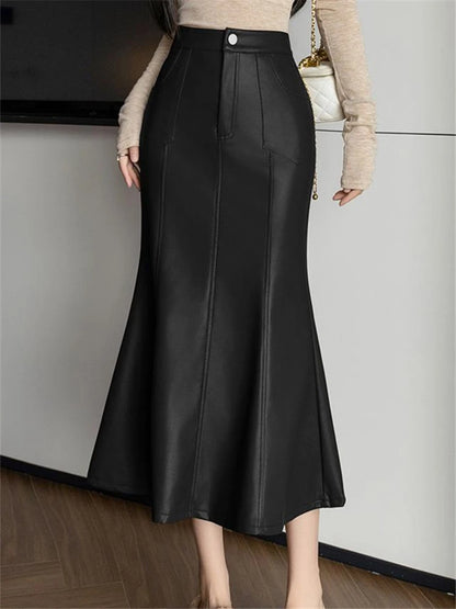 Vintage High Waist PU Leather Fishtail Skirt