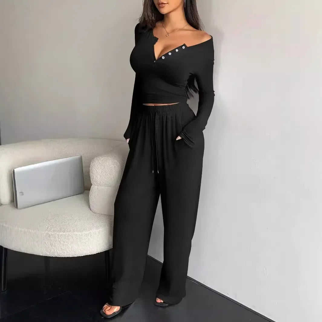V Neck Top Wide Leg Pants Set