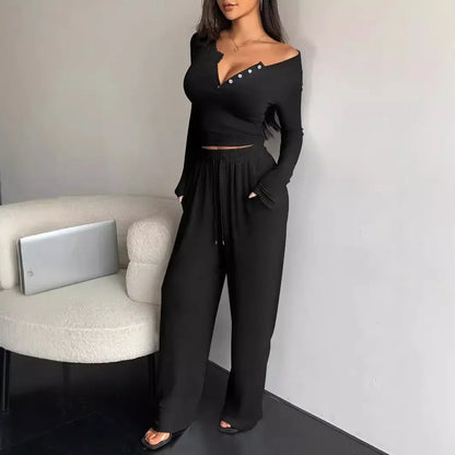 V Neck Top Wide Leg Pants Set