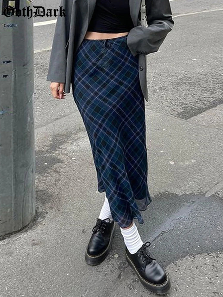 Argyle Plaid Midi Skirt with Tie-Up Detail