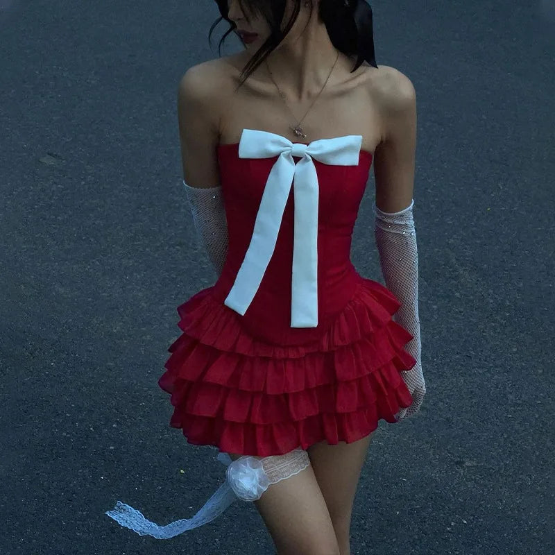 Bow Off Shoulder Ruffle Mini Dress