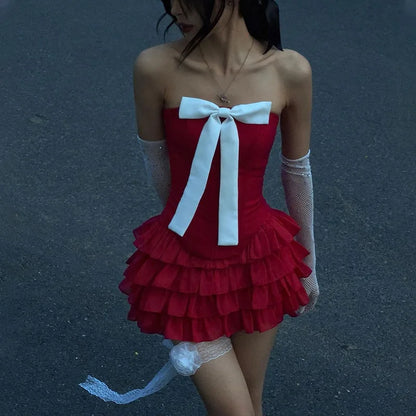 Bow Off Shoulder Ruffle Mini Dress