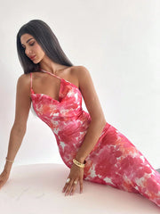 Halter Print Sleeveless Gown with Slant Collar