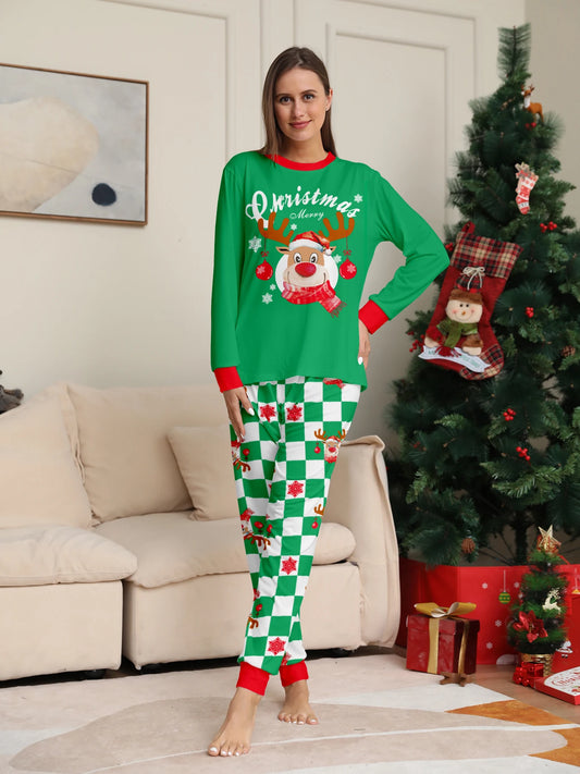 Green Reindeer "Merry Christmas" Print Pajama Set