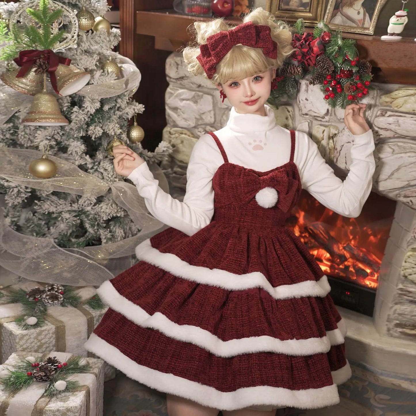 Burgundy Lolita Christmas Dress Set