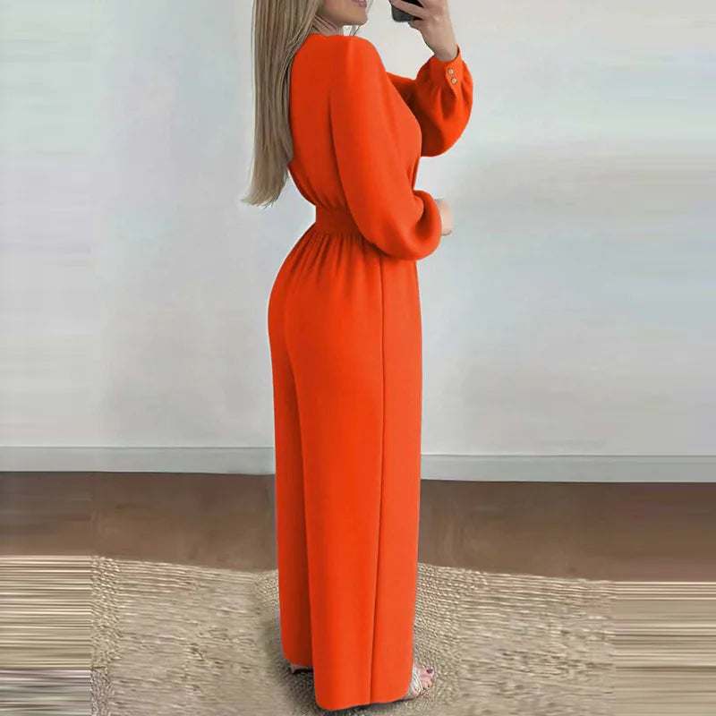 V Neck Belted Wide Leg Jumpsuit