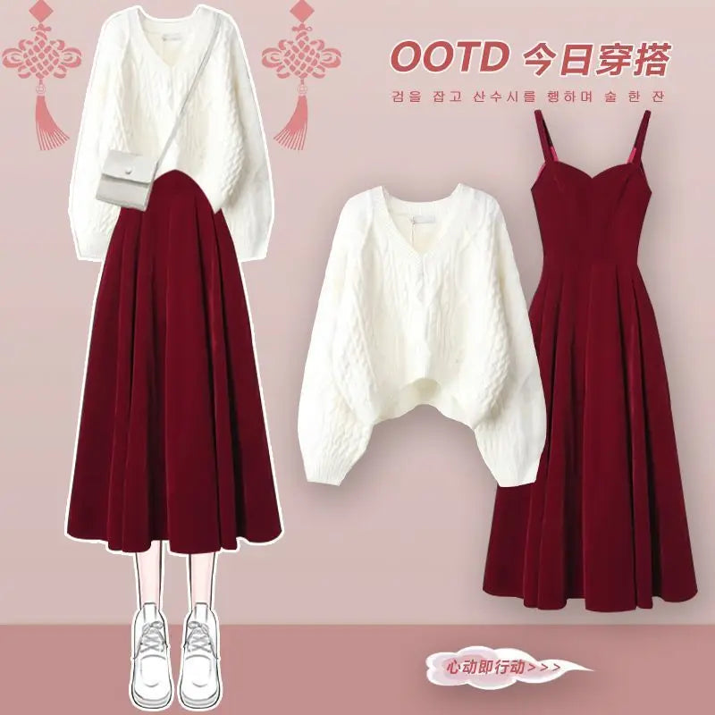 Red Knitted Two-Piece Dress Set