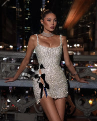 Silver Sequin Mini Dress with Bow