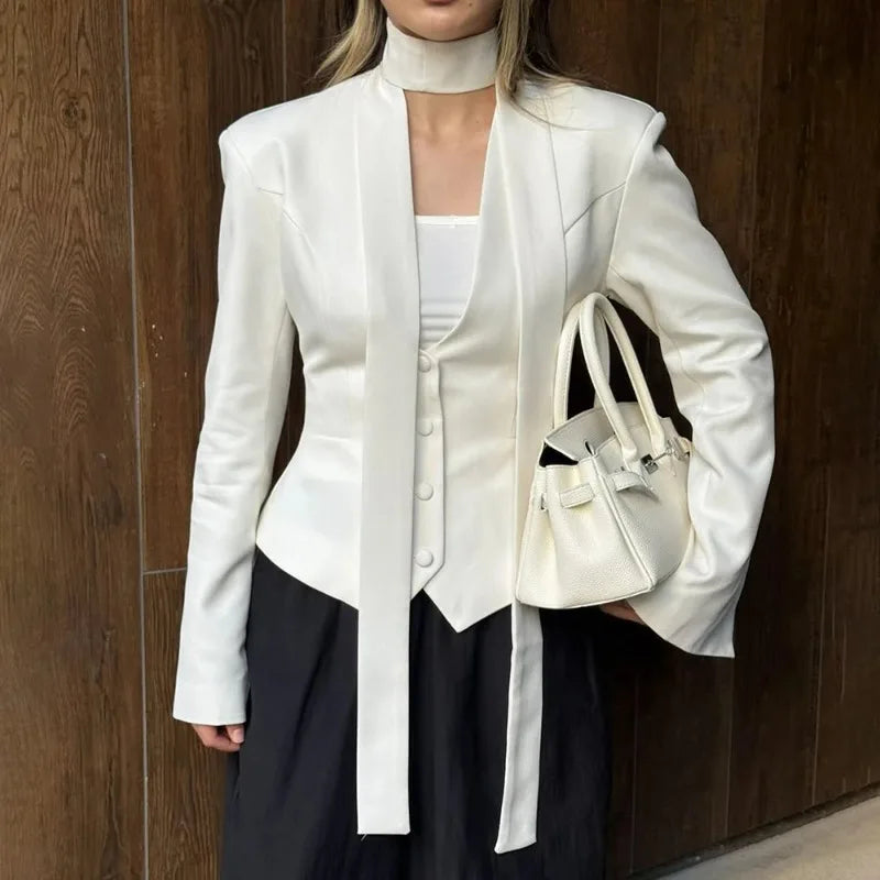 V-Neck Cinched Waist Blazer Jacket