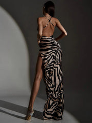 Zebra Print Backless Maxi Dress