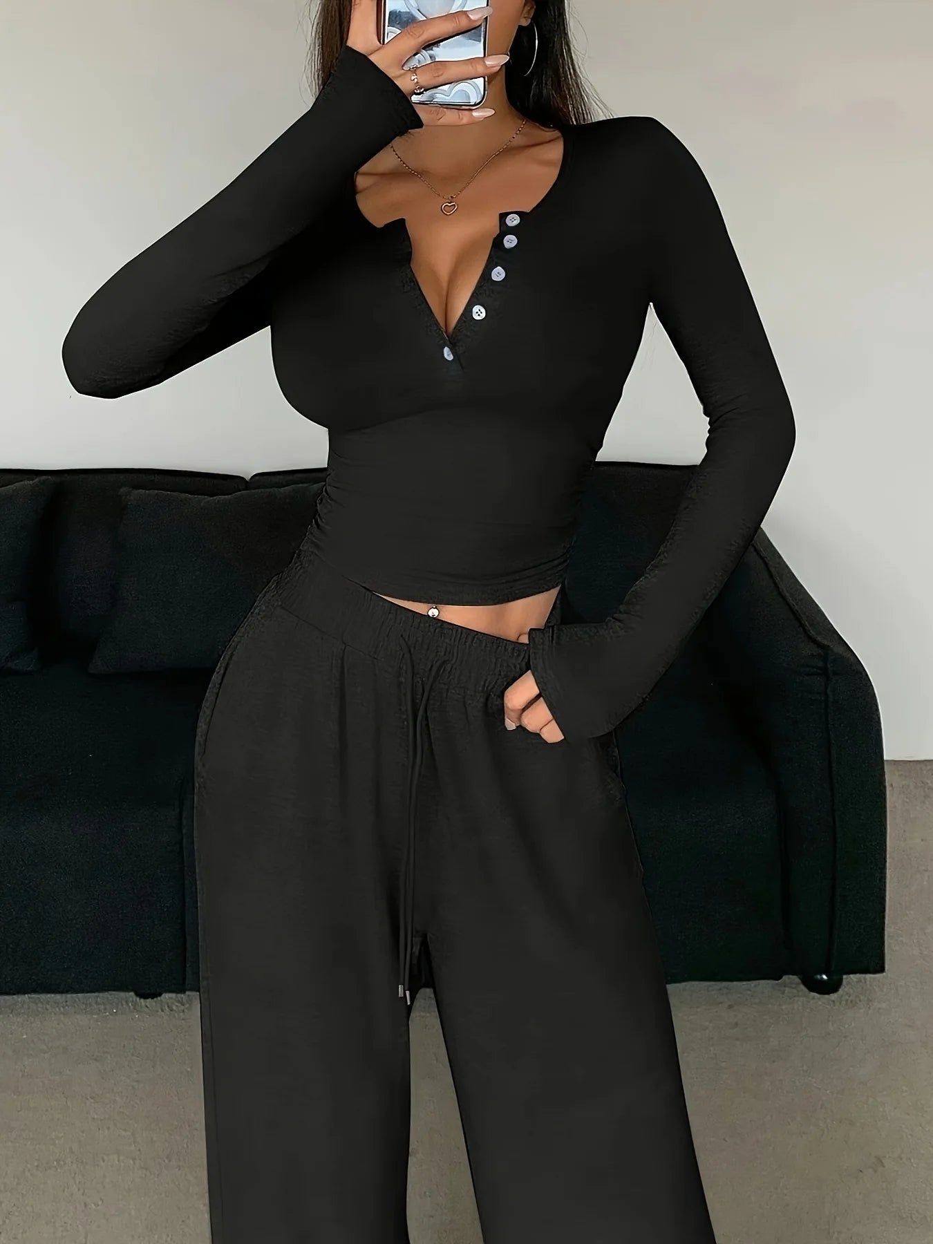 V Neck Top Wide Leg Pants Set