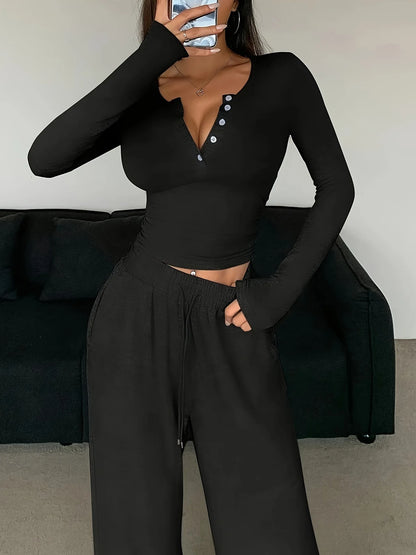 V Neck Top Wide Leg Pants Set