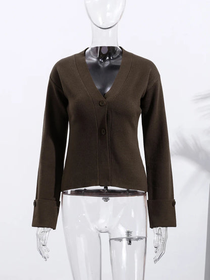 Solid Button V-Neck Cardigan
