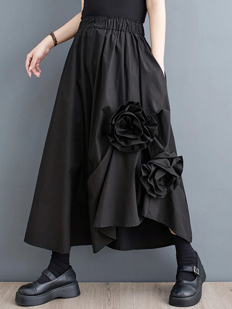 Black Vintage High Waist Midi Skirt