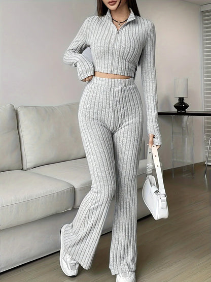 Zip Rib Knit Top and Pants Set