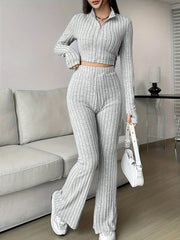 Zip Rib Knit Top and Pants Set