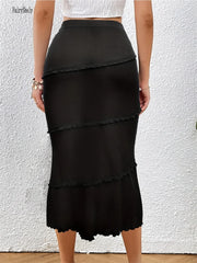 Black Ruffled Mermaid Midi Skirt