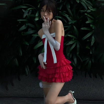 Bow Off Shoulder Ruffle Mini Dress