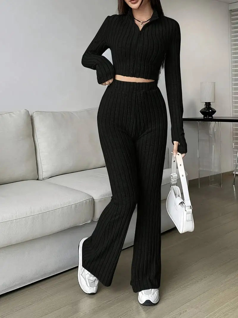 Zip Rib Knit Top and Pants Set