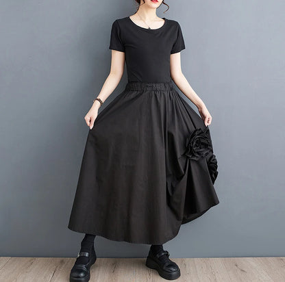 Black Vintage High Waist Midi Skirt