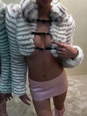 Sexy Furry Warm Full Sleeve Metal Buckle Crop Jacket
