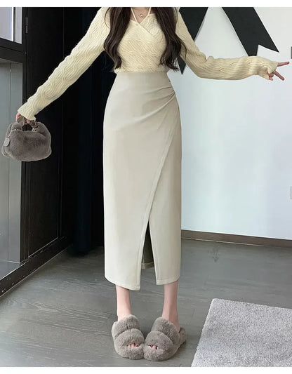 High Waist Front Split PU Leather Skirt