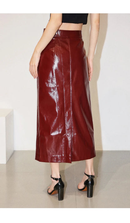 Shiny Reflective PU Leather Midi Skirt