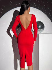 Red Long Sleeve Midi Bandage Dress