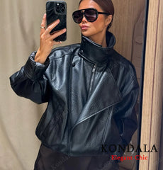 Faux Leather Stand Collar Jacket