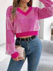 Grid Striped V-Neck Knit Sweater