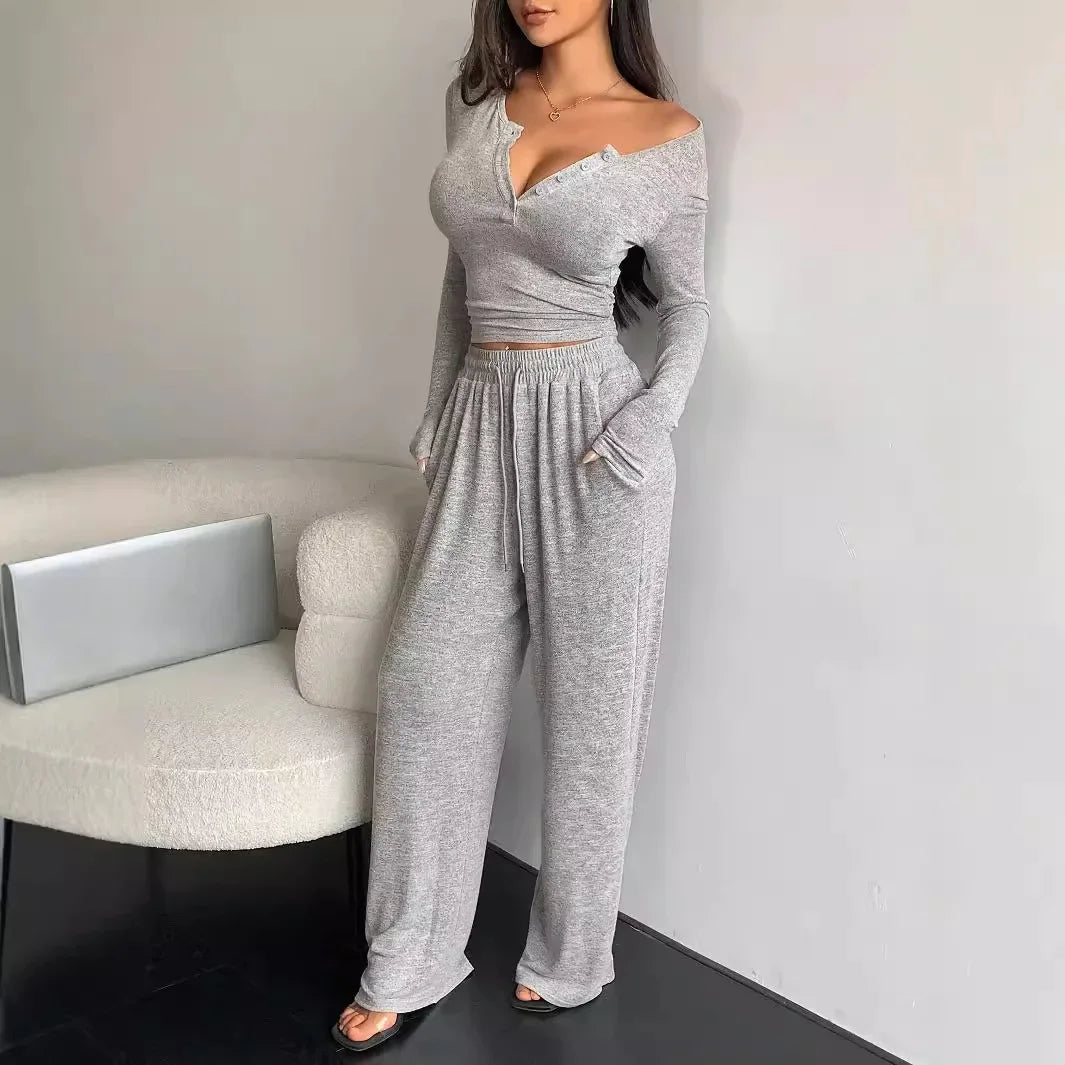 V Neck Top Wide Leg Pants Set