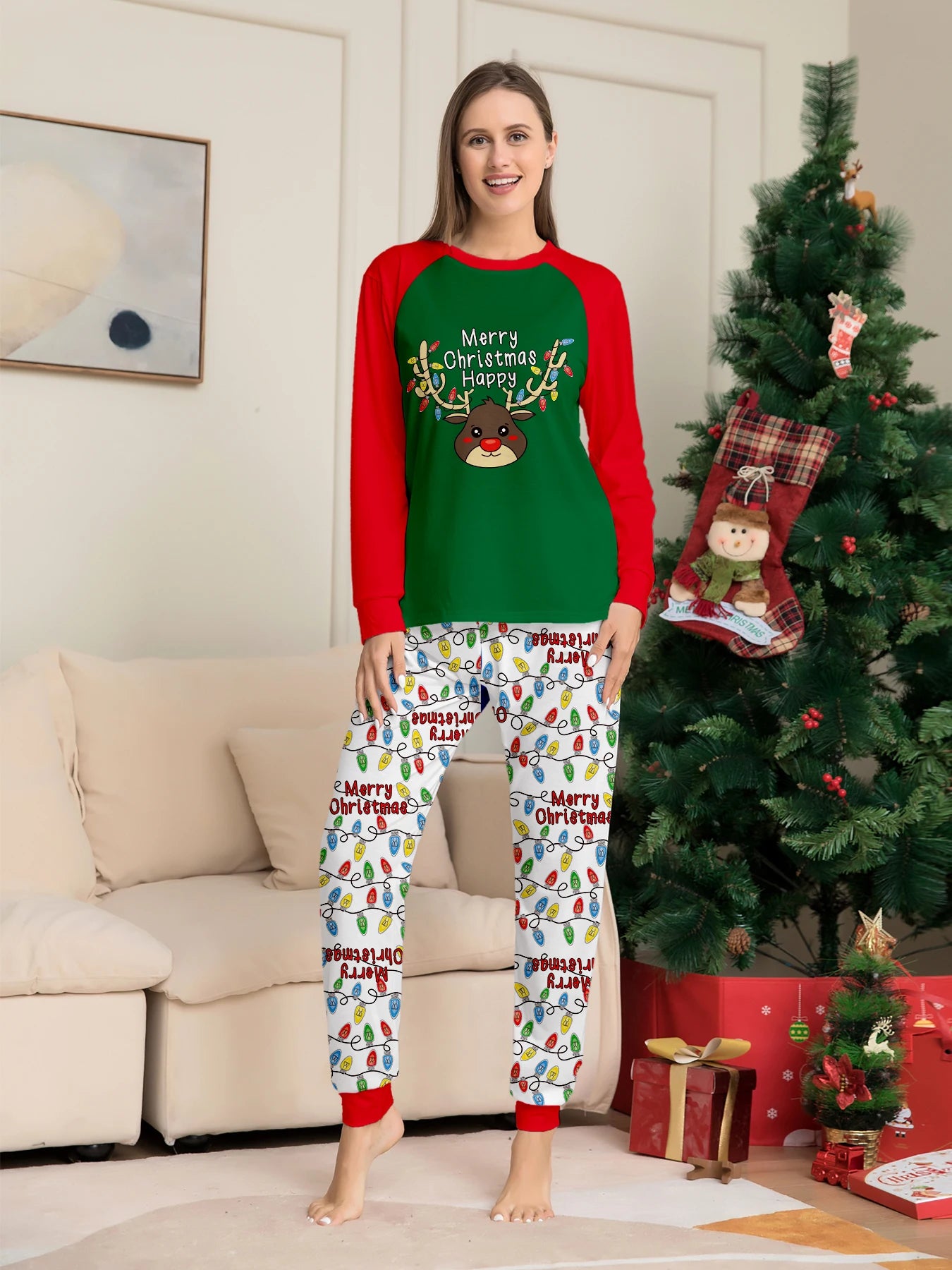 Raglan Sleeve Green & Red Top & Festive Light Pants Set