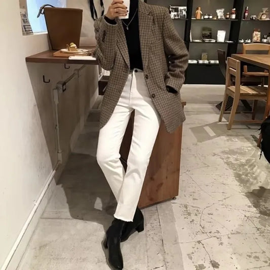 Plus Size Slim Plaid Suit Jacket