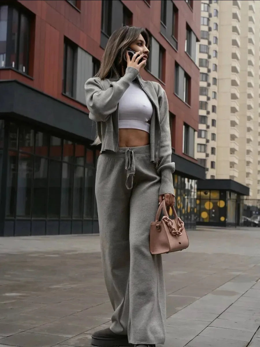 Zip Up Sweater Pants Set