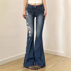 Floral Embroidered Low Rise Flare Jeans