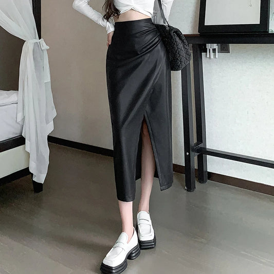 High Waist Front Split PU Leather Skirt