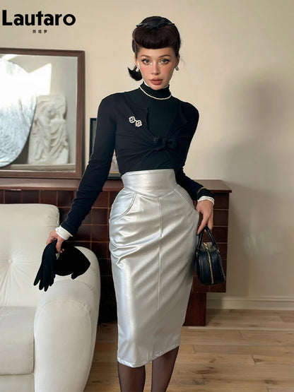 Silver PU Leather High Waist Midi Skirt