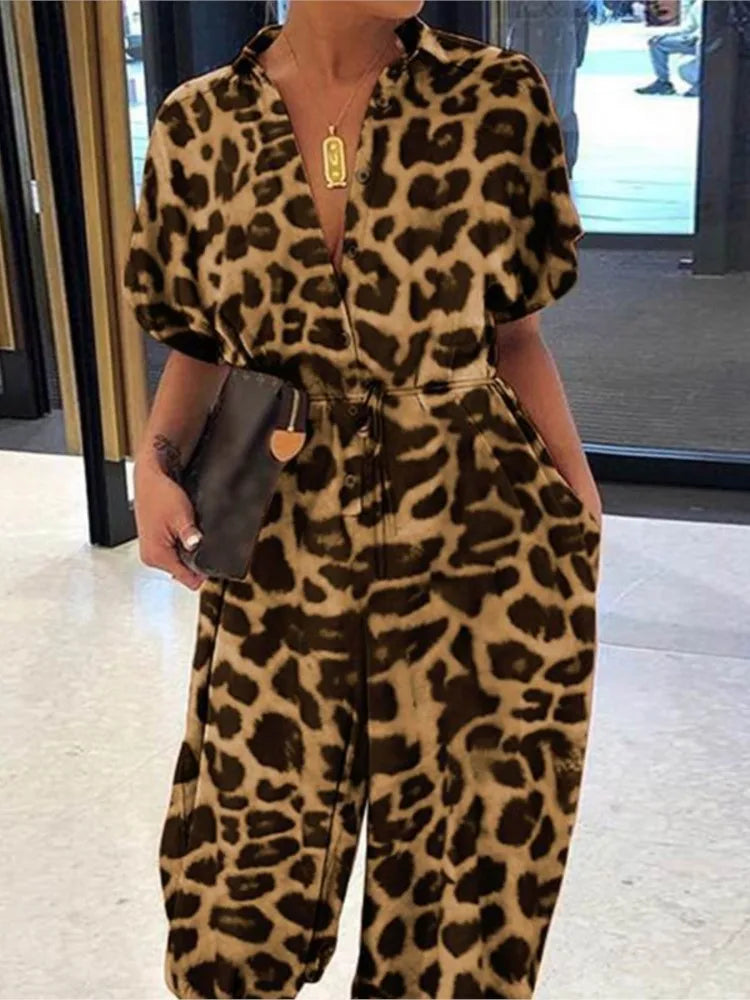 Leopard V-Neck Tie Waist Jumpsuit