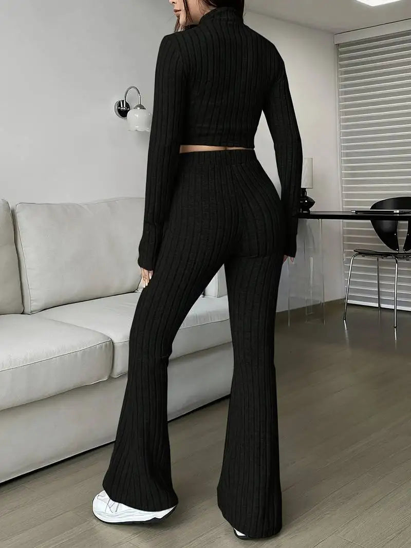 Zip Rib Knit Top and Pants Set
